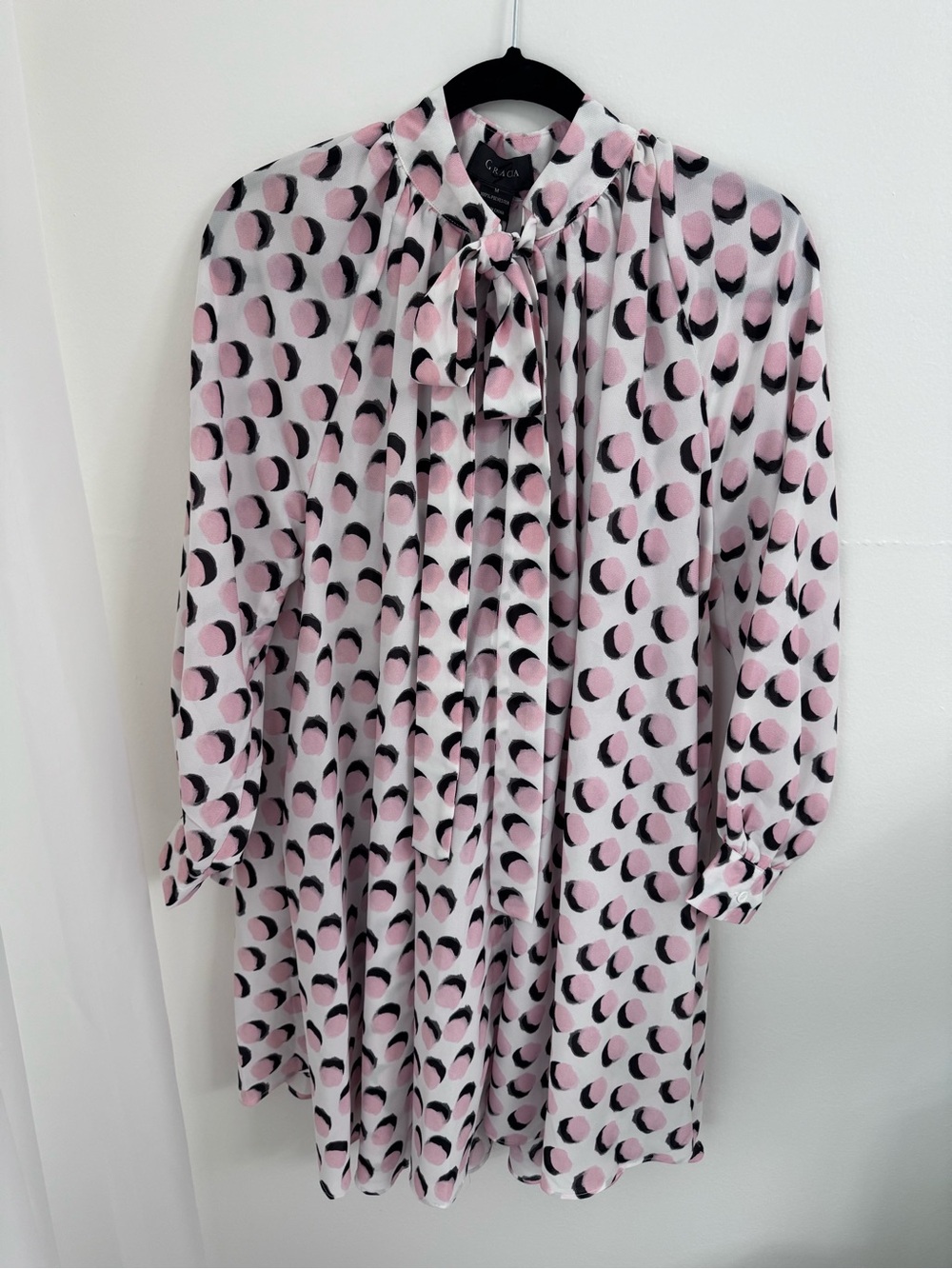 Pink and Black Polka Dot Bow Tie Blouse Dress
